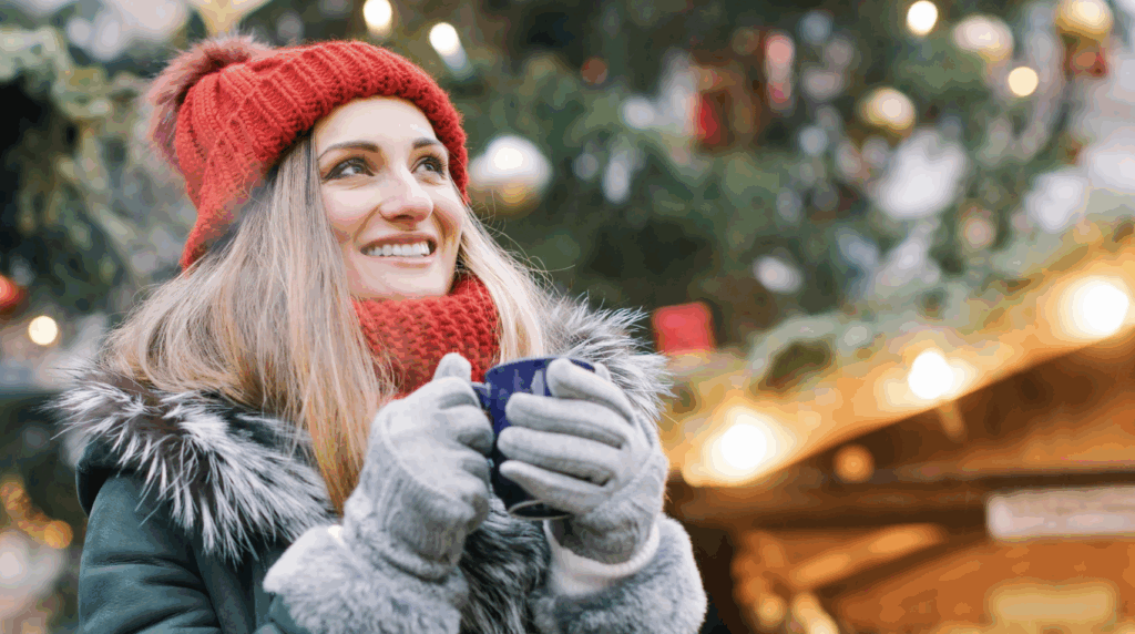 Women with hot chocolate gathered for the Christmas tree lighting.