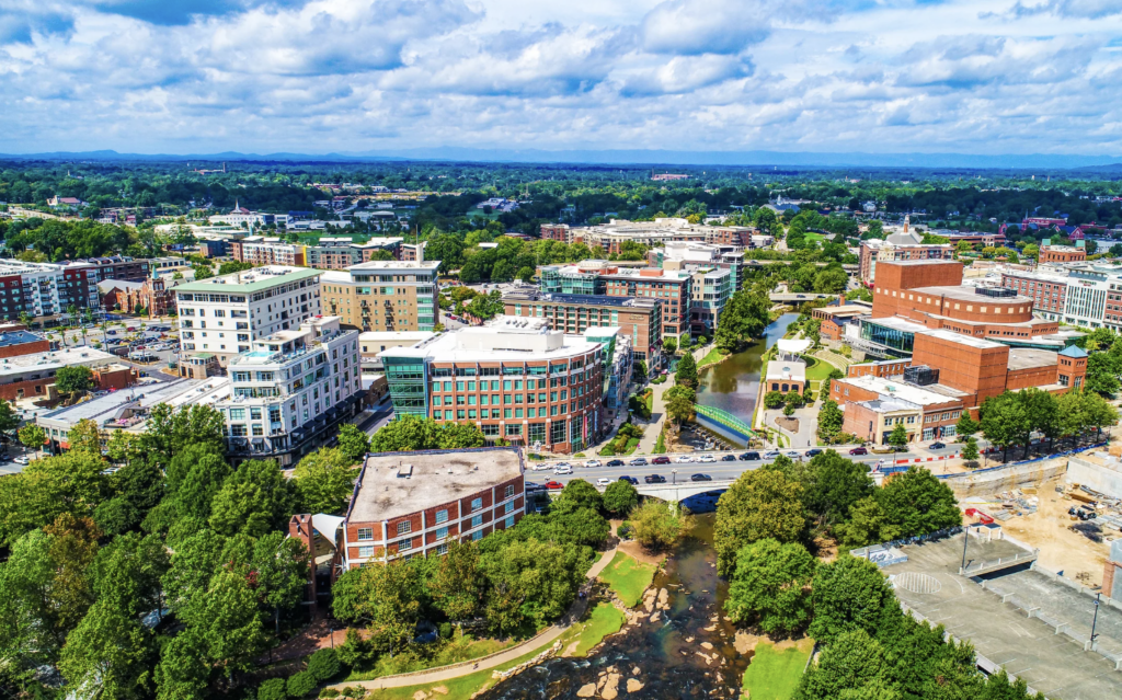 Overlooking downtown Greenville with beautifully green trees on a spring day.