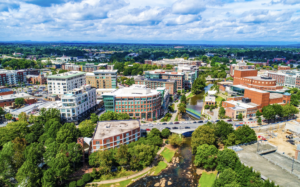 Overlooking downtown Greenville with beautifully green trees on a spring day.