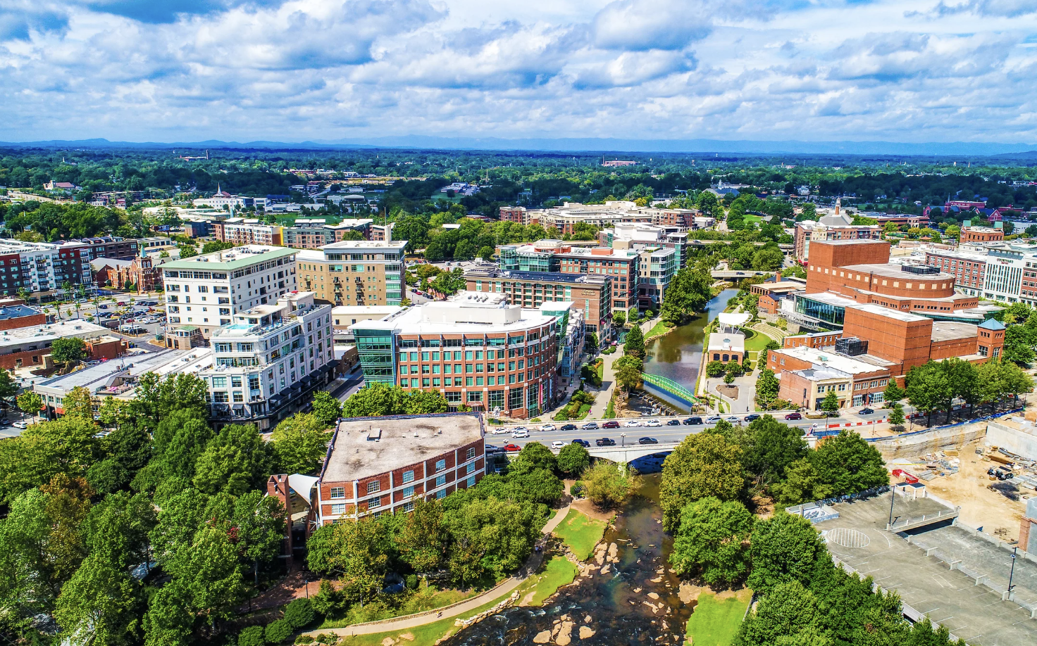Overlooking downtown Greenville with beautifully green trees on a spring day.