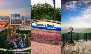 Collage featuring Downtown Greenville and Falls Park, the Travelers Rest welcome sign, and a scenic mountain overlook at Caesars Head State Park in the Blue Ridge Mountains of Upstate South Carolina.