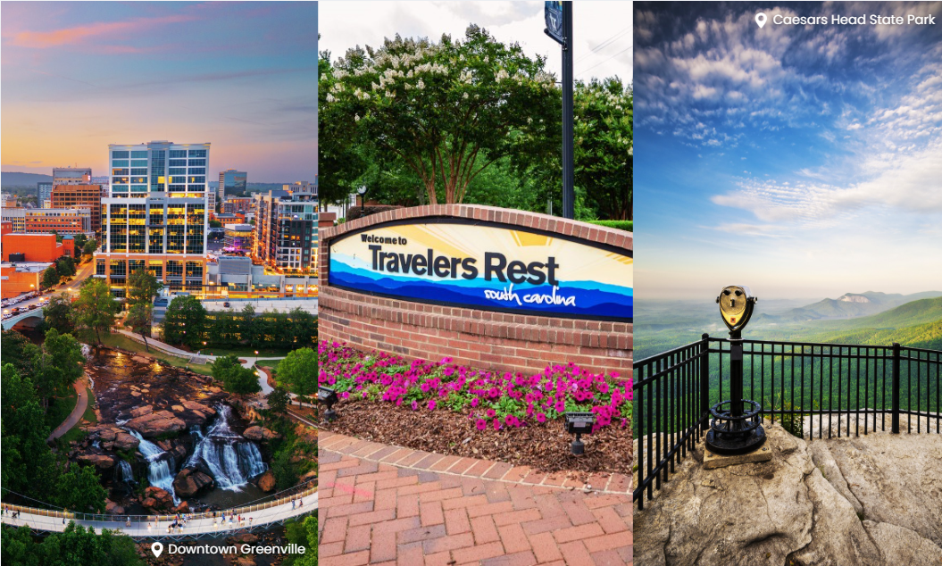 Collage featuring Downtown Greenville and Falls Park, the Travelers Rest welcome sign, and a scenic mountain overlook at Caesars Head State Park in the Blue Ridge Mountains of Upstate South Carolina.